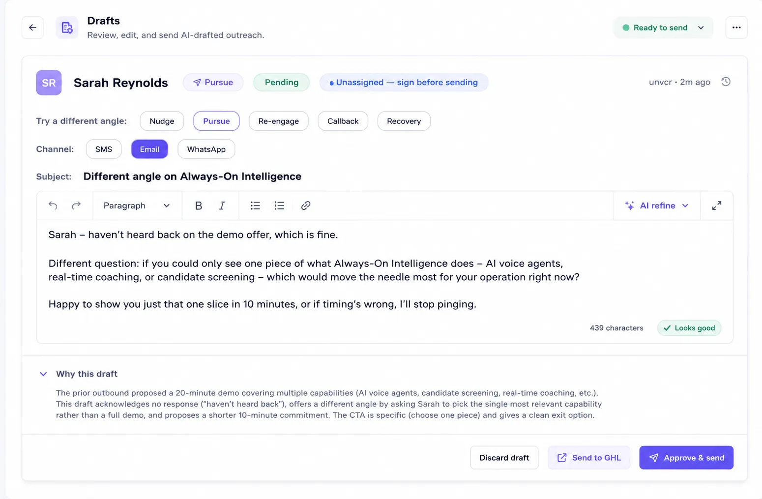 AI drafts interface with proposed customer outreach for human review